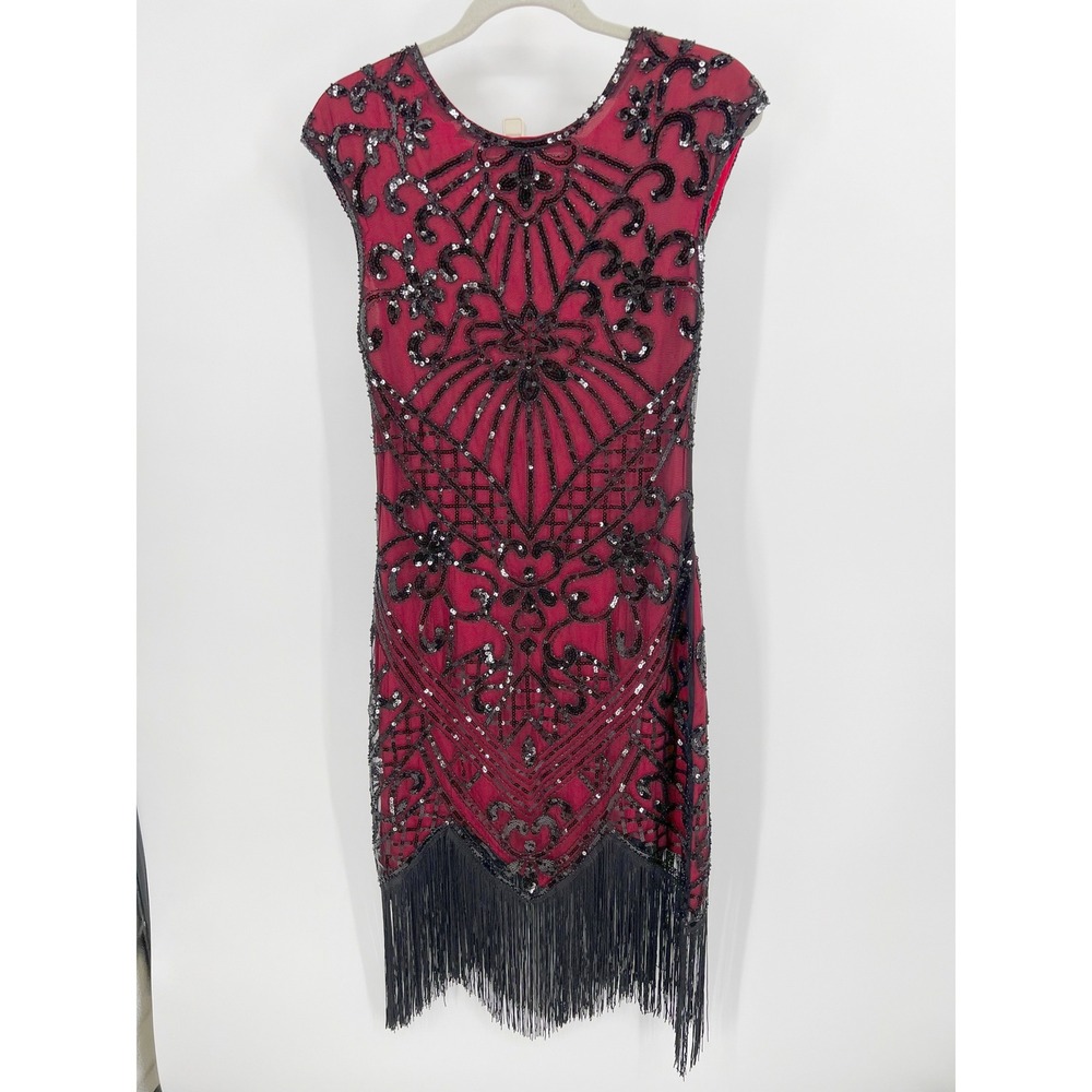 Yessa Red Black Sequin Flapper Dress Gatsby Fringe Art Deco Cocktail Medium NWT